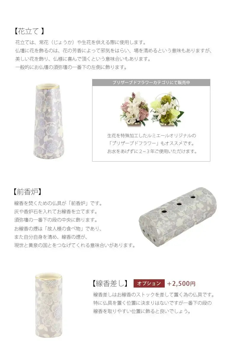 各仏具をお仏壇に並べる位置と意味の説明。