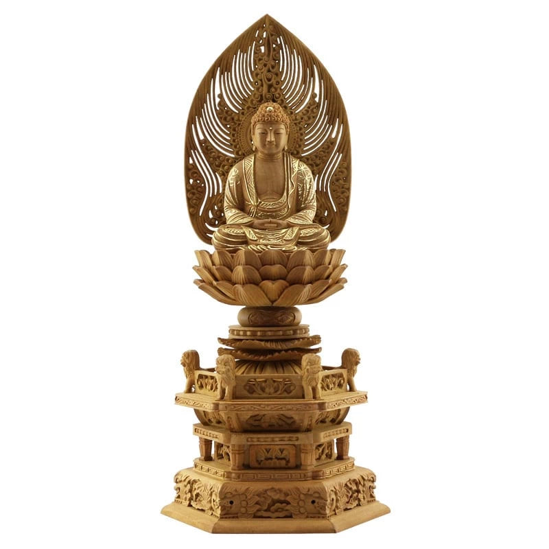 檀木仏像 六角鬼面麒麟台座 座釈迦 眼入り 水煙光背【曹洞宗・臨済宗 檀木仏像 六角鬼面麒麟台座 座釈迦 眼入り 水煙光背【曹洞宗・臨済宗