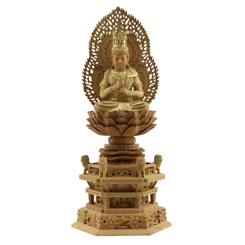 檀木仏像 六角鬼面麒麟台座 大日如来 眼入り 二重火炎光背 【真言宗 檀木仏像 六角鬼面麒麟台座 大日如来 眼入り 二重火炎光背 【真言宗