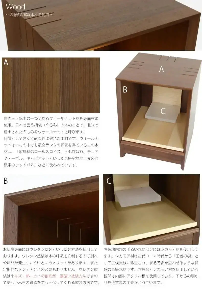 世界三大銘木の一つであるウォールナット材を表面材に使用。お仏壇内部の明るい木材部分にはシカモア材を使用。