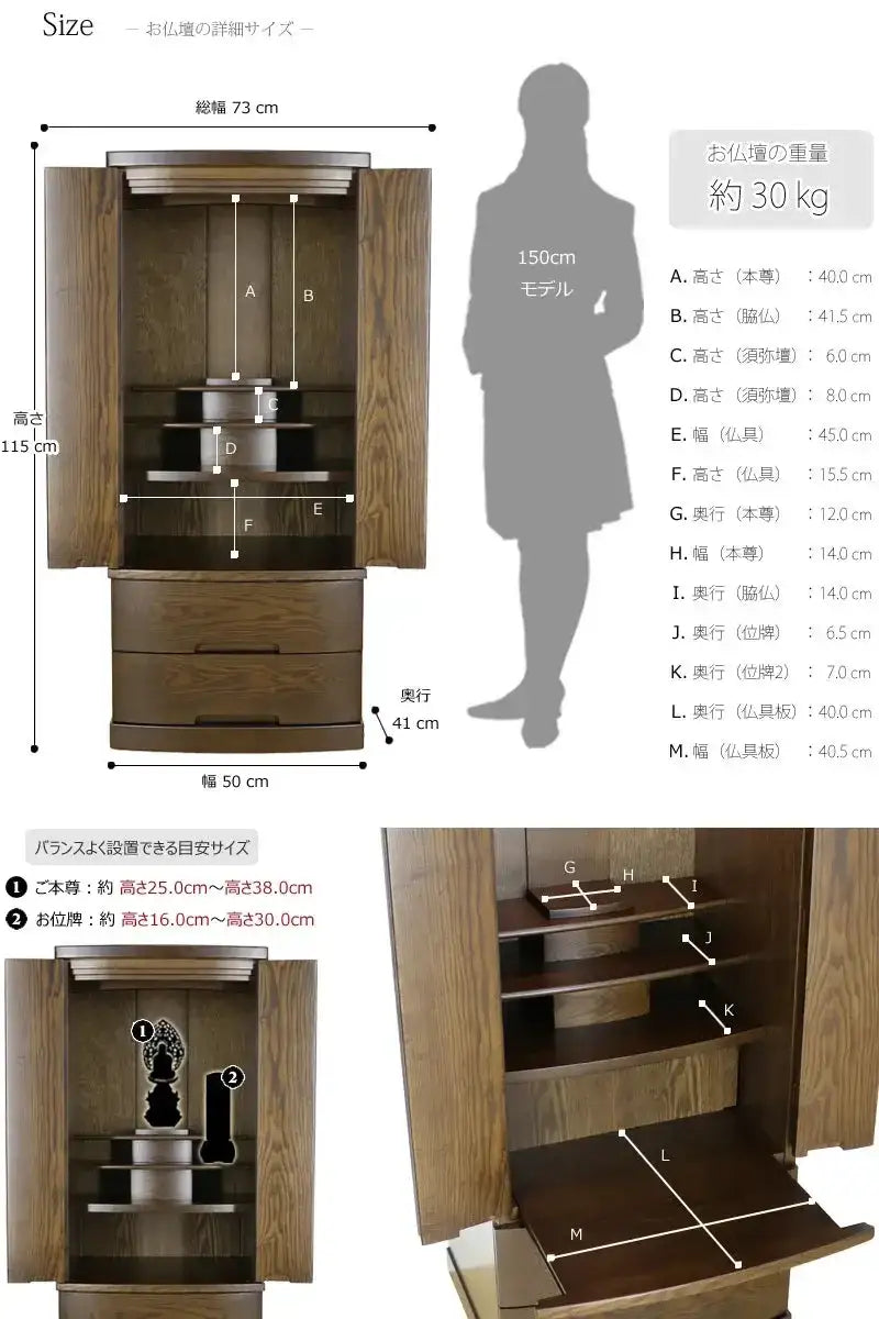 お仏壇のサイズ表・重量・本尊の目安サイズの詳細画像
