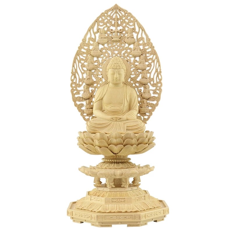 本柘植仏像 上彫り仕上げ 座阿弥陀 十三仏光背 【天台宗】 | 本尊・脇