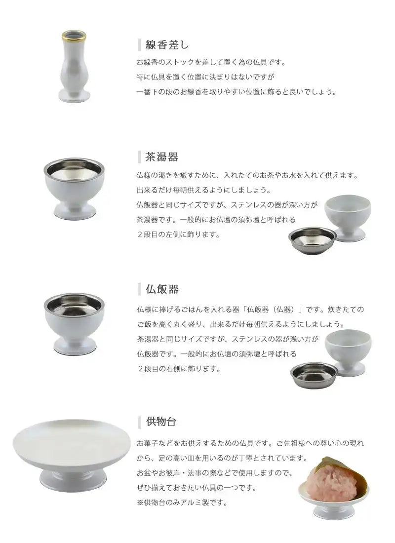 モダン仏具セット 「アルミムクmini」 ホワイト 仏具6点セットの各種仏具についての説明②