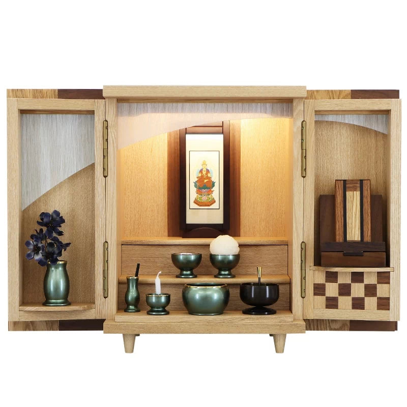 モダン仏具セット 「アルミムクmini」 グリーン 仏具6点セットの仏壇設置イメージ②