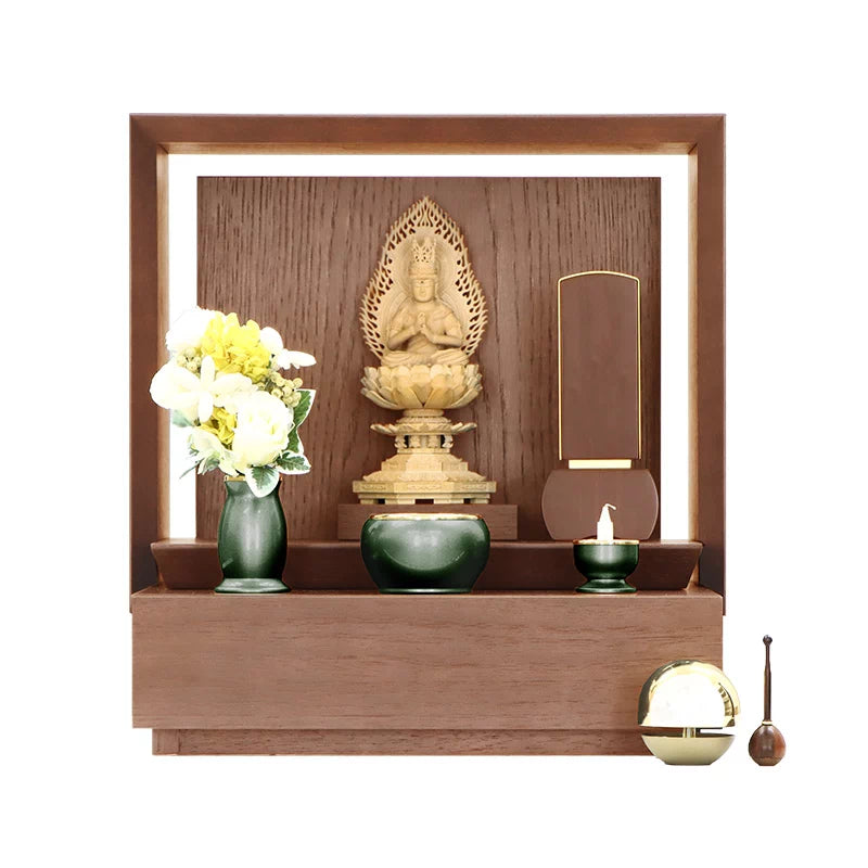 モダン仏具セット 「アルミムクmini」 グリーン 仏具6点セットの仏壇設置イメージ②