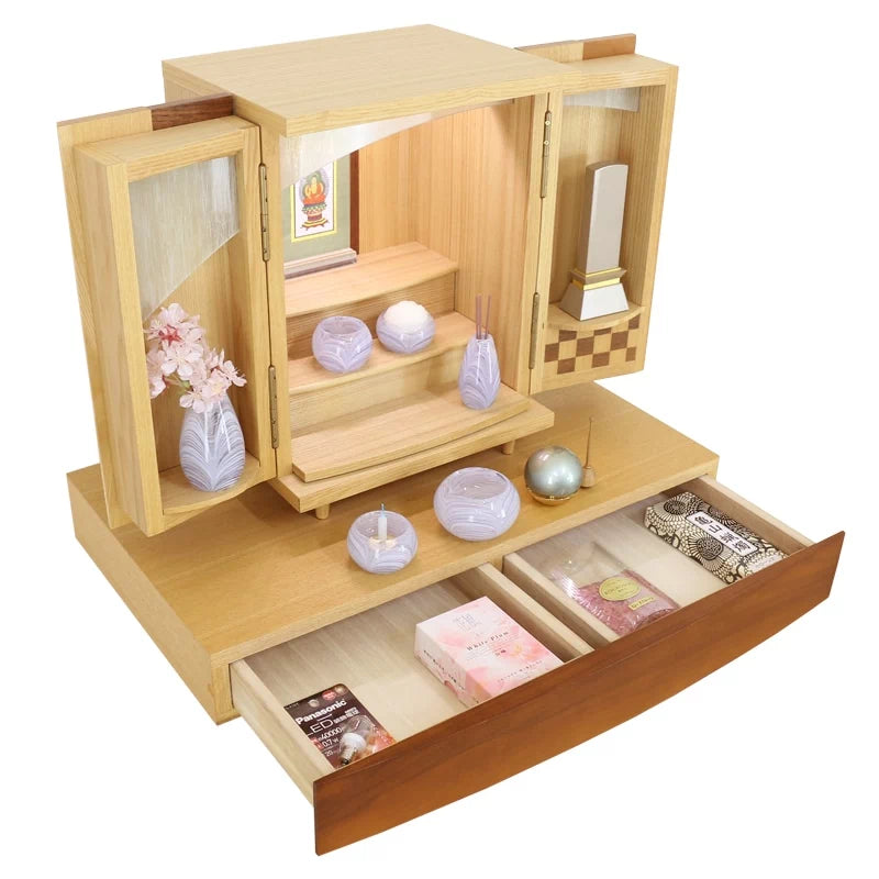 モダンミニ仏壇 夢SO タモ市松 13号を、オプションの下台にセットにしたイメージ