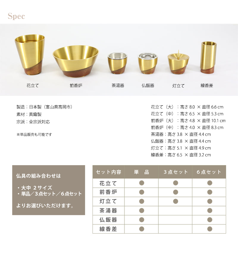 モダン仏具 ひとえ キャメルの各仏具のサイズについて