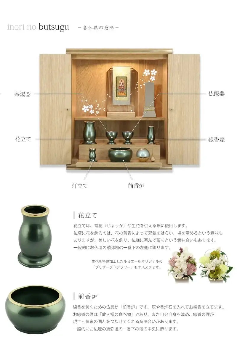 モダン仏具セット 「アルミムク」 グリーン 仏具6点セットの各種仏具についての説明①