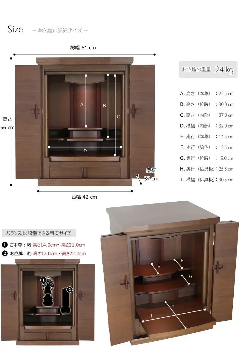 お仏壇のサイズ表・重量・本尊の目安サイズの詳細画像