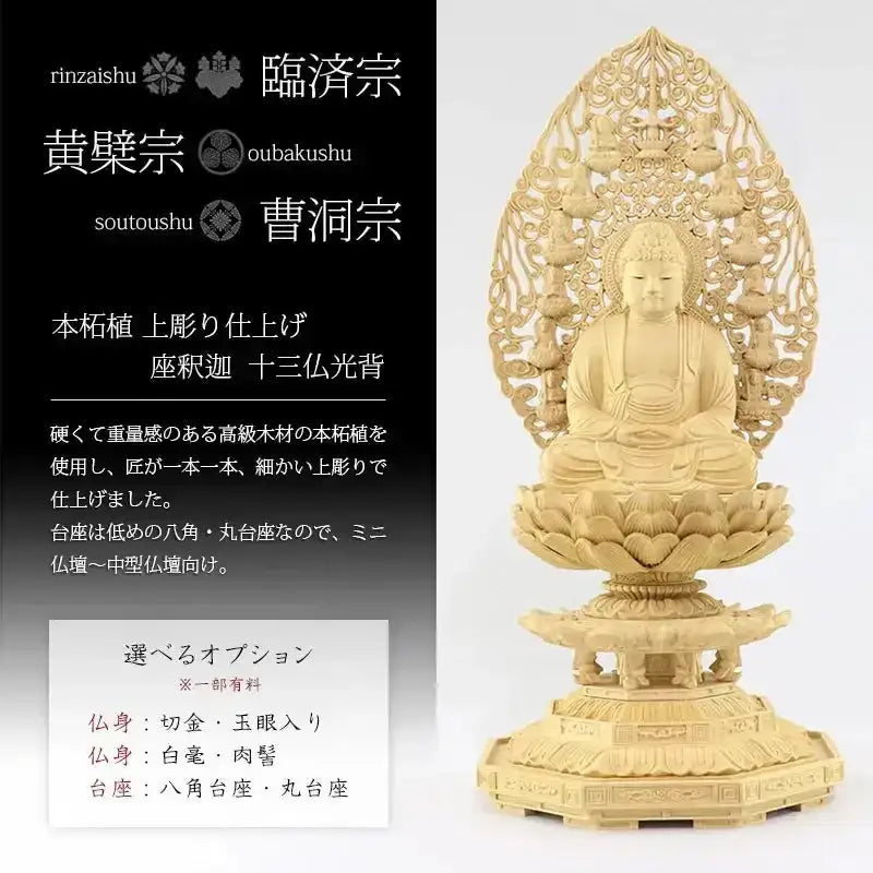 本柘植仏像 上彫り仕上げ 座釈迦 十三仏光背 【曹洞宗・臨済宗・禅宗】の商品画像1枚目