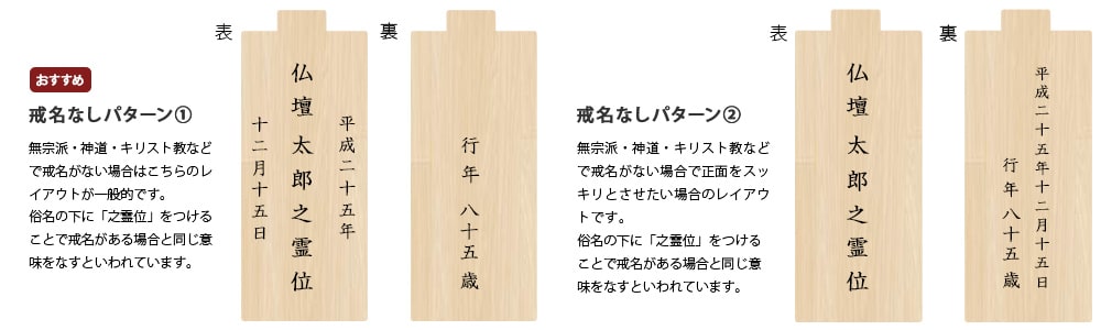 戒名がない場合の回出位牌の2枚目~のレイアウトを教えてください。