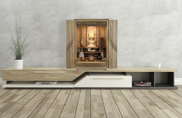 木の質感があるフローリングに設置した家具調仏壇 ヴァーグ
