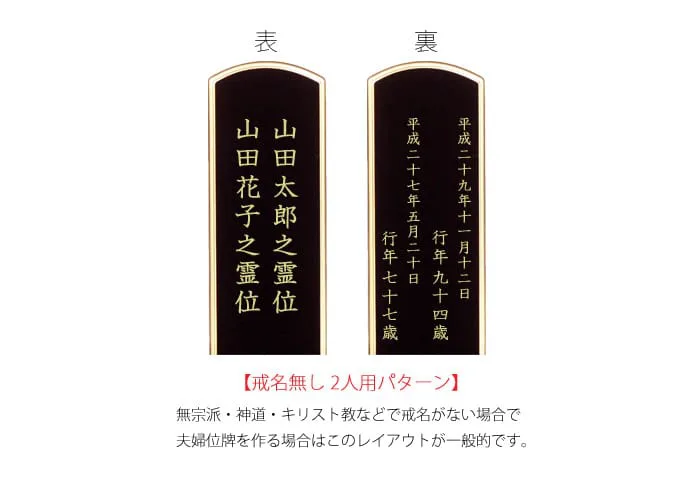 夫婦位牌の戒名がない場合のレイアウト（文字配列）