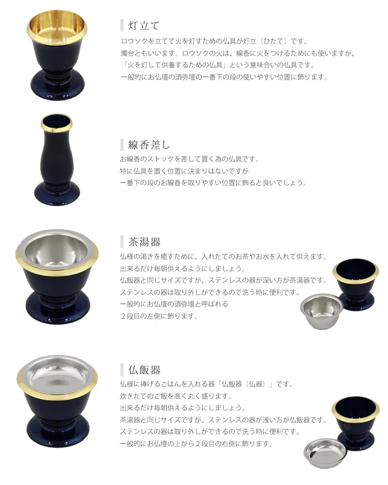 モダン仏具セット ゆうがを ブルーの仏壇設置イメージと仏具の説明