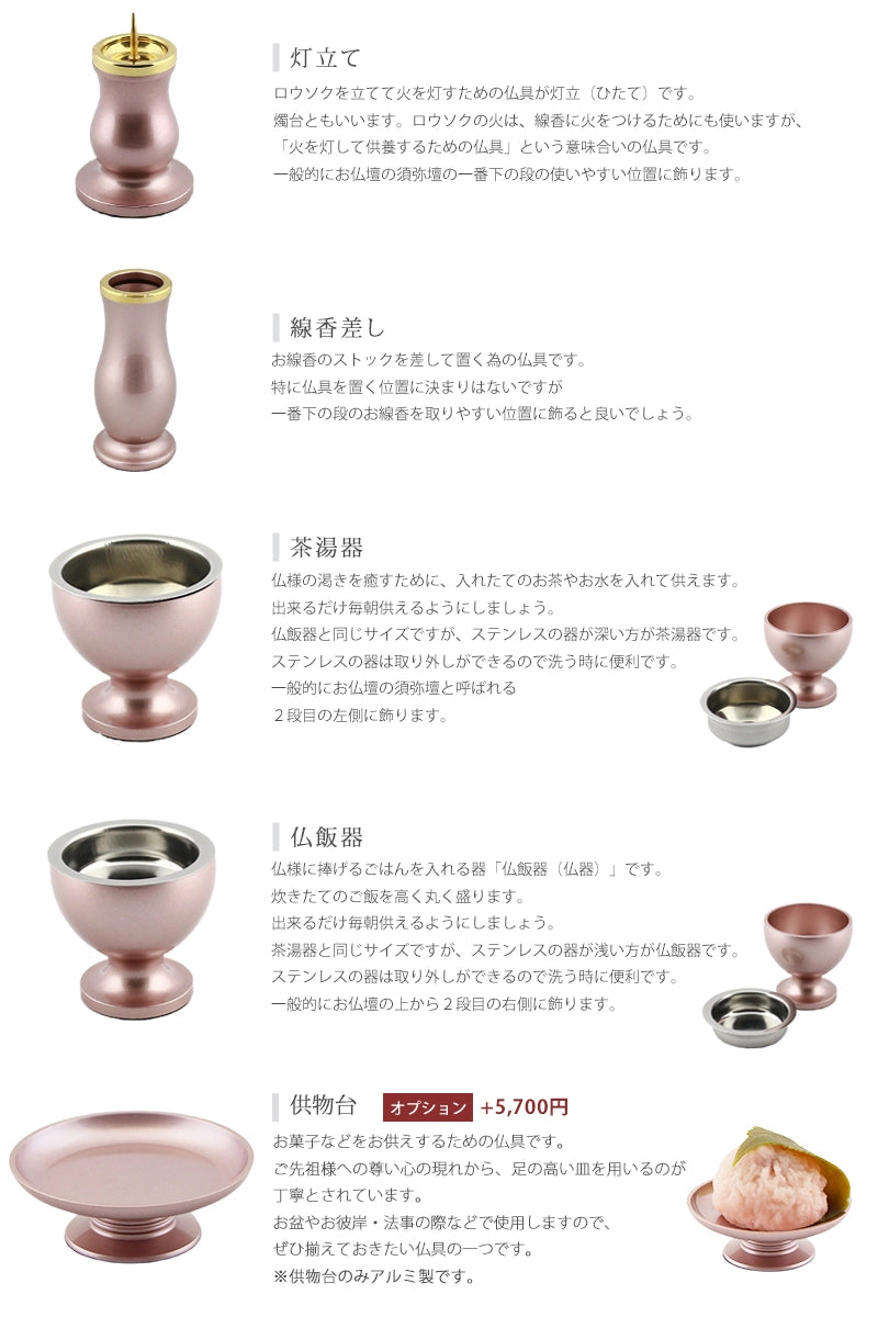 モダン仏具セット 「アルミムク」 ピンク 仏具6点セットの各種仏具についての説明②