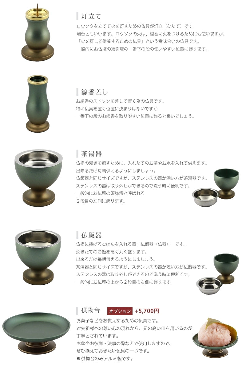 モダン仏具セット 「アルミムク」  ピンク 仏具6点セットの各種仏具についての説明②