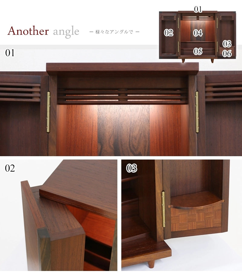 唐木ミニ仏壇 夢SO 紫檀・柿コンビの様々なアングル01～03