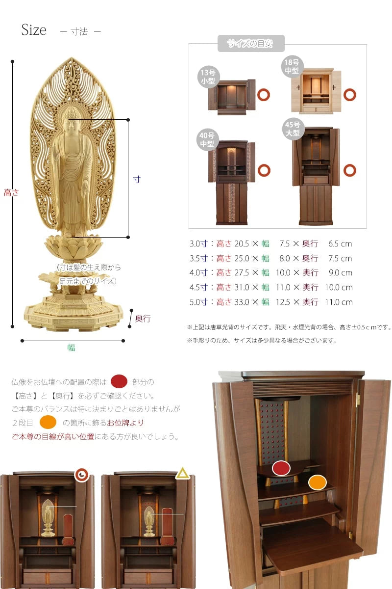 仏像の詳細サイズ・当仏像に合うお仏壇のサイズについて