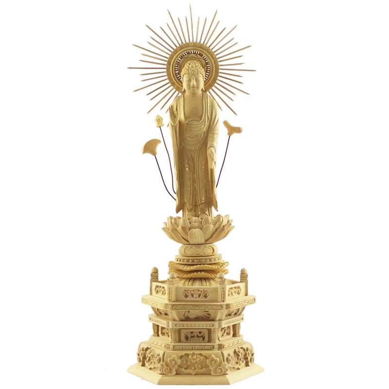 本柘植仏像 上彫り 六角台座 東立弥陀【浄土真宗大谷派】メイン画像01
