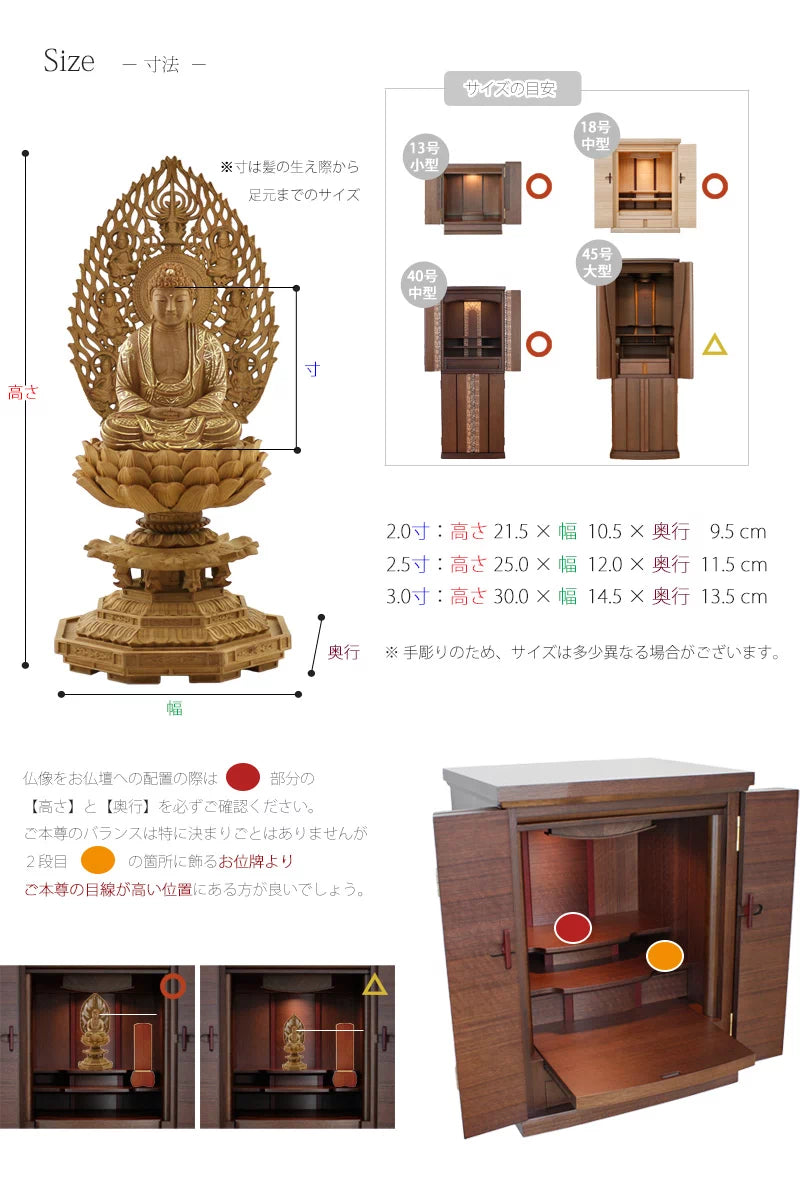 仏像の詳細サイズ・当仏像に合うお仏壇のサイズについて
