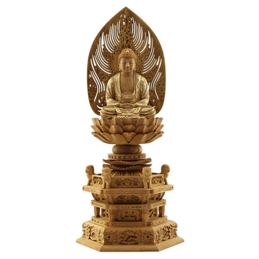 檀木仏像 六角鬼面麒麟台座 座釈迦 眼入り【曹洞宗・臨済宗・禅宗】メイン画像01