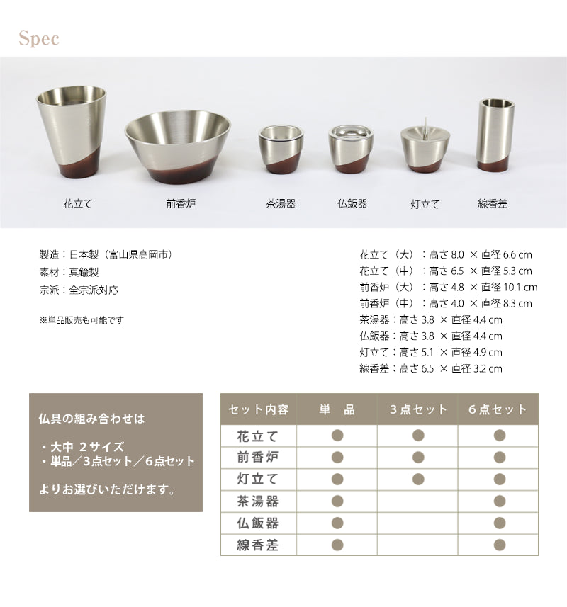モダン仏具 ひとえ シャンパンの各仏具のサイズについて