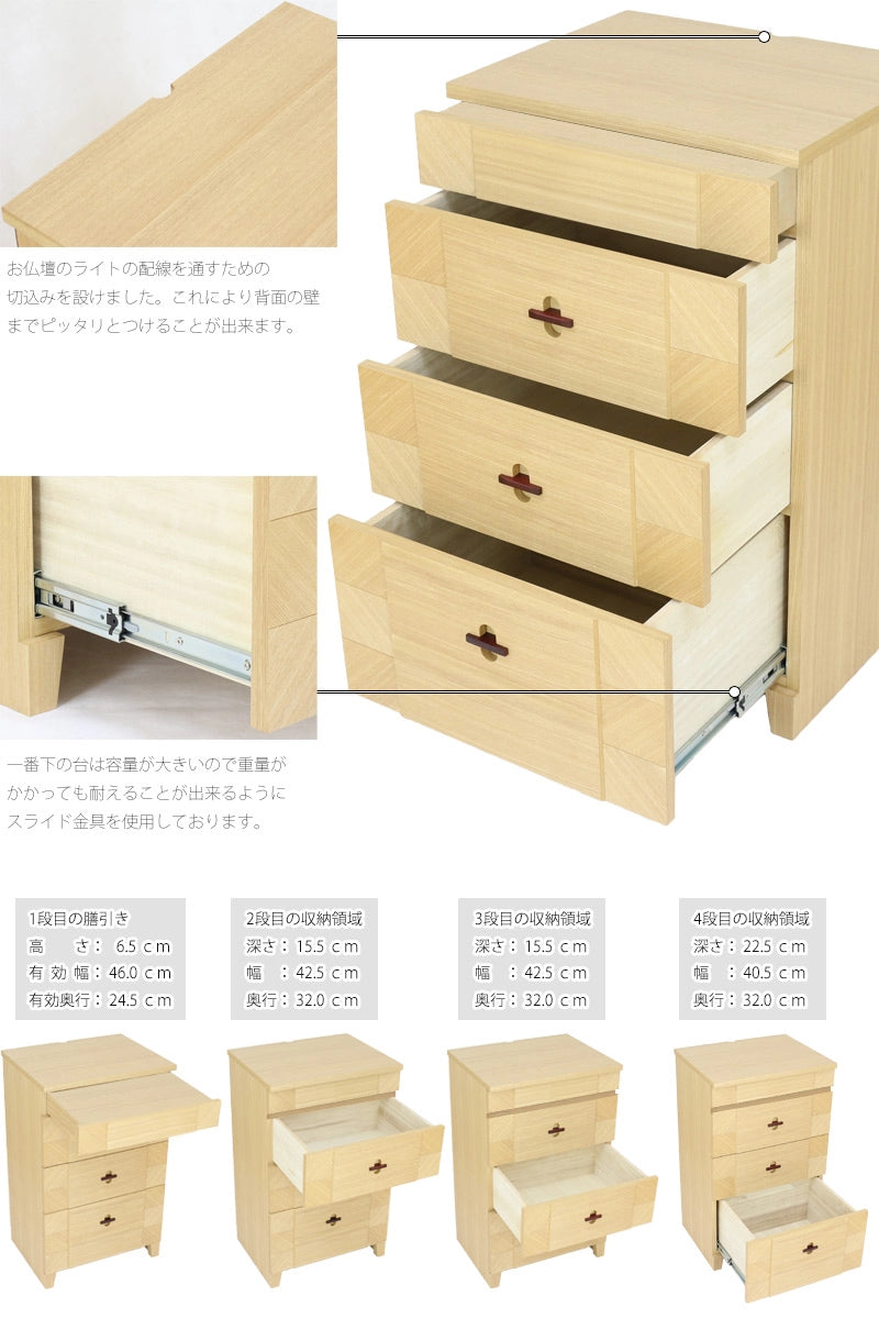 お仏壇周りを整理できる収納部分を4ヶ所完備しました。