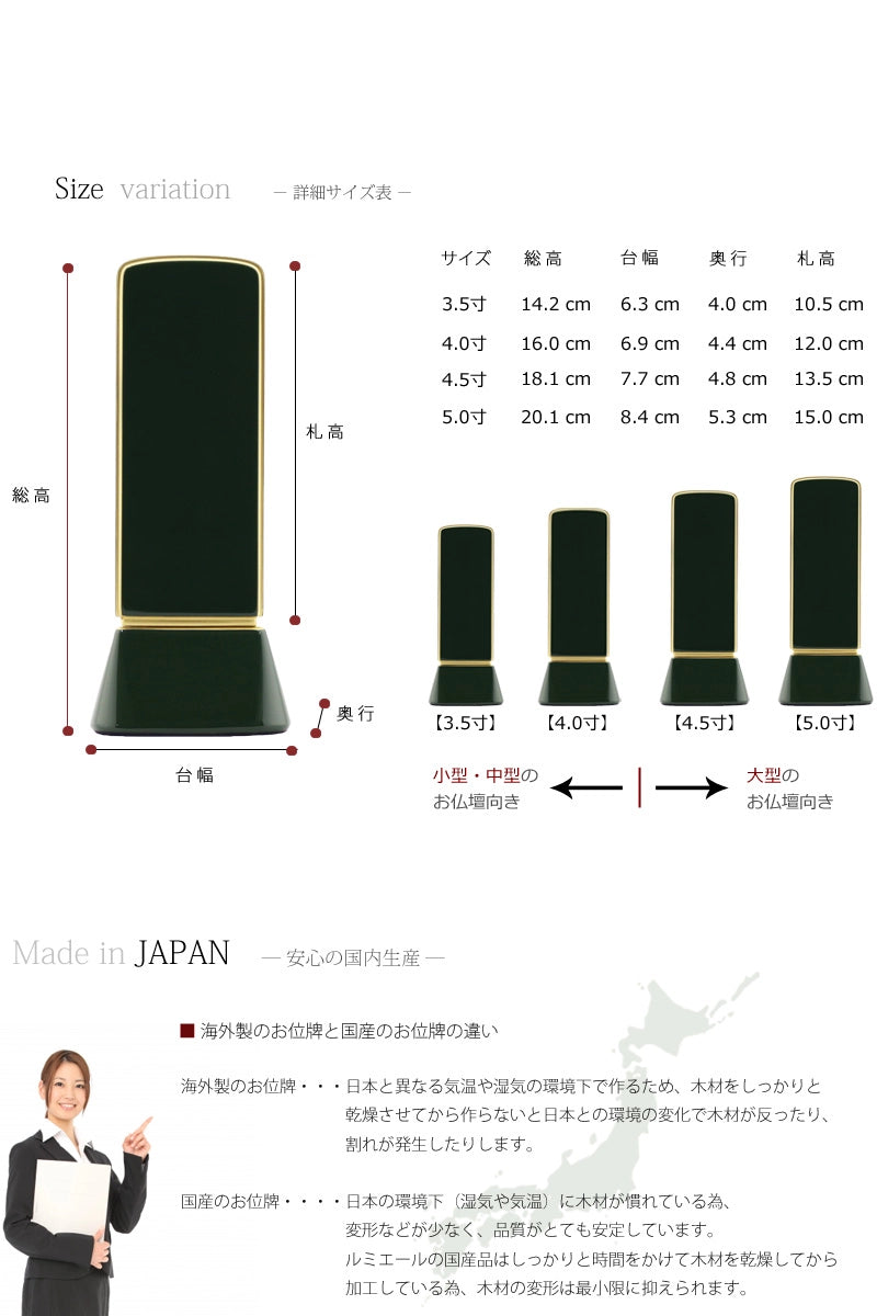お位牌のサイズ・国産品質の説明。