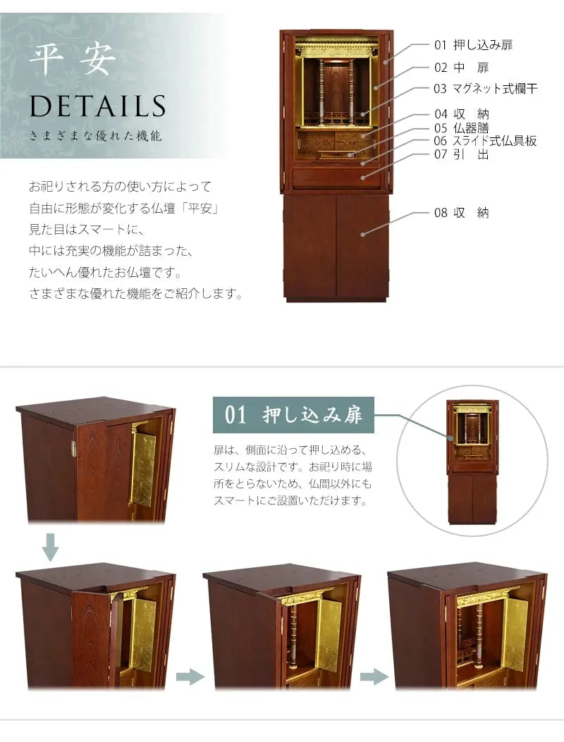 時代型仏壇 平安のさまざまな優れた機能をご紹介します。押し込み扉についての説明です。