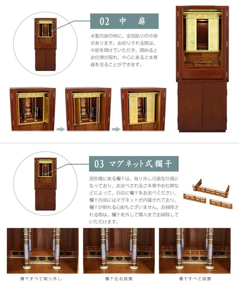 時代型仏壇 平安のさまざまな優れた機能をご紹介します。中扉・マグネット式欄干についての説明です。