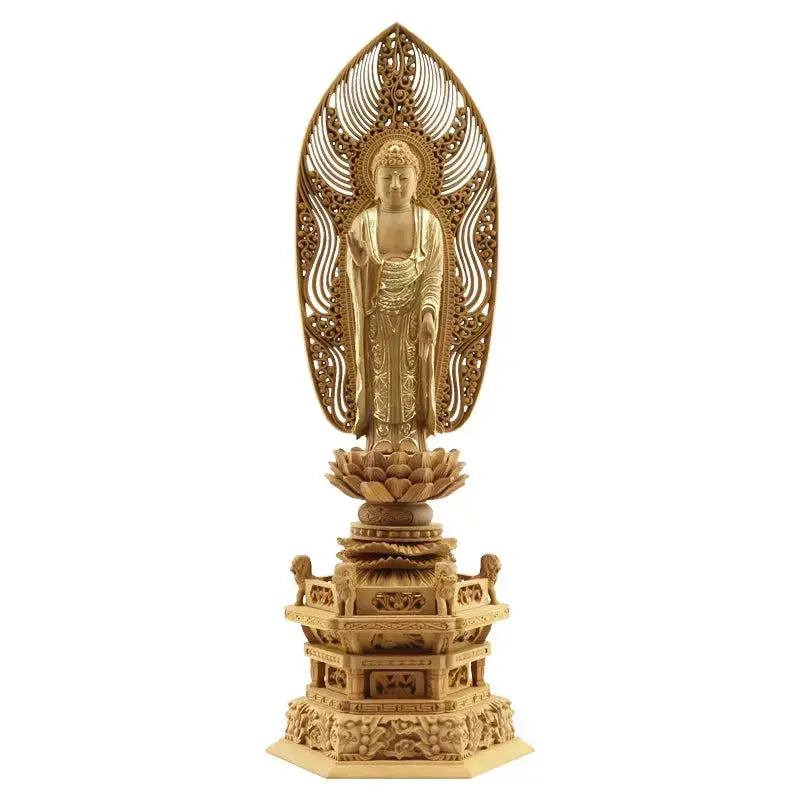 檀木仏像 六角鬼面麒麟台座 舟立弥陀 眼入り【浄土宗・時宗】メイン画像01