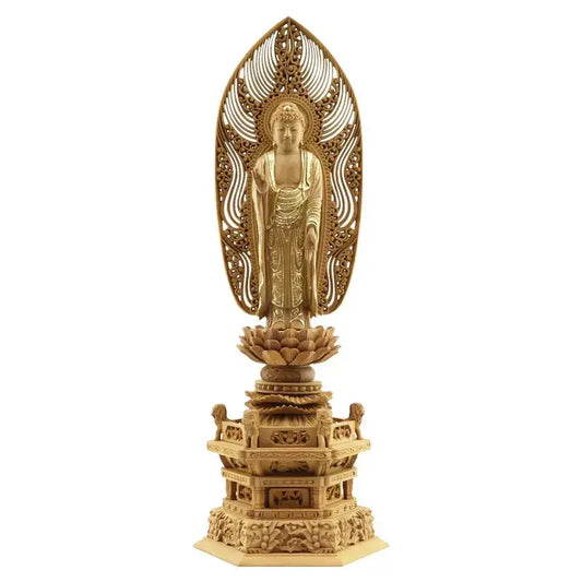 檀木仏像 六角鬼面麒麟台座 舟立弥陀 眼入り【浄土宗・時宗】メイン画像01
