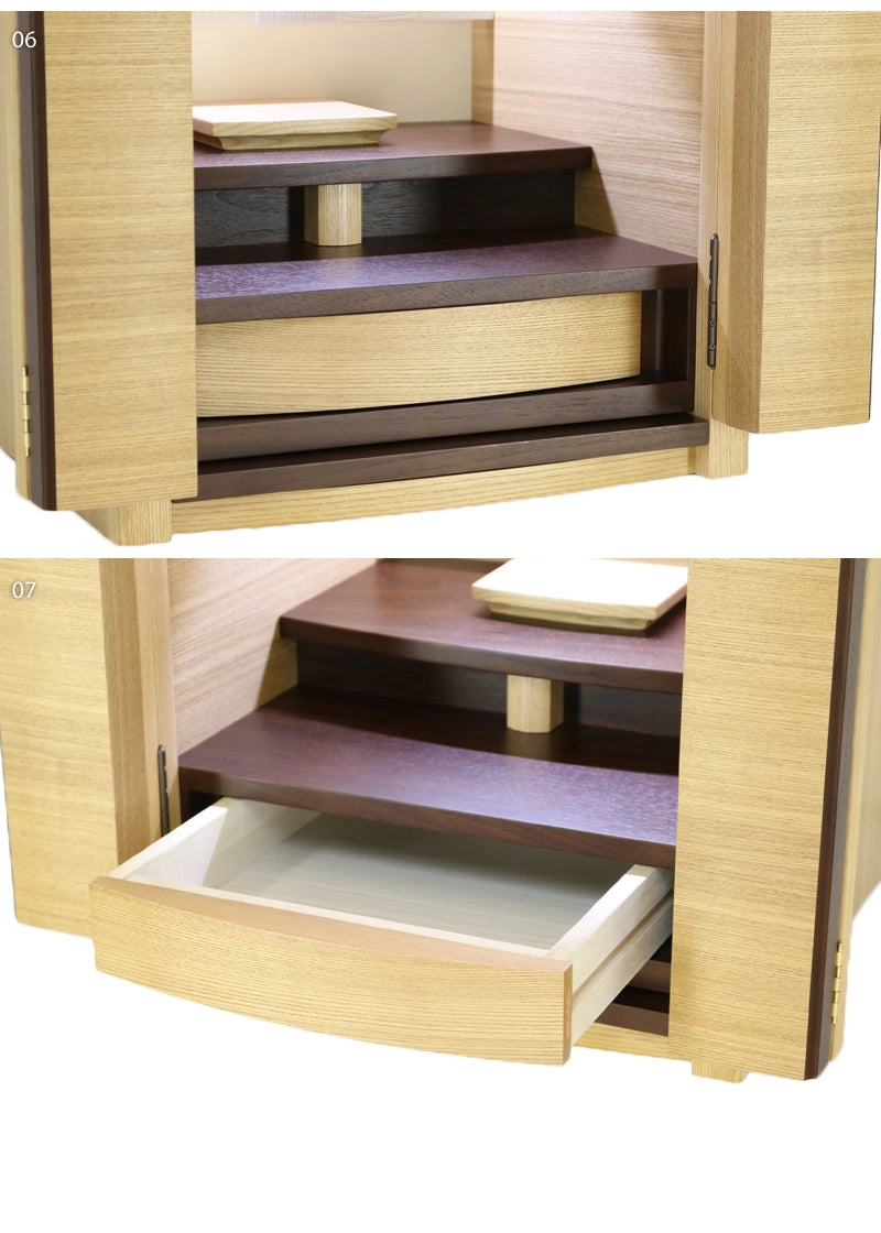 デザイナーズ仏壇 リスン タモ・ウォールナット 16号の詳細部分の下部拡大画像をご覧ください。