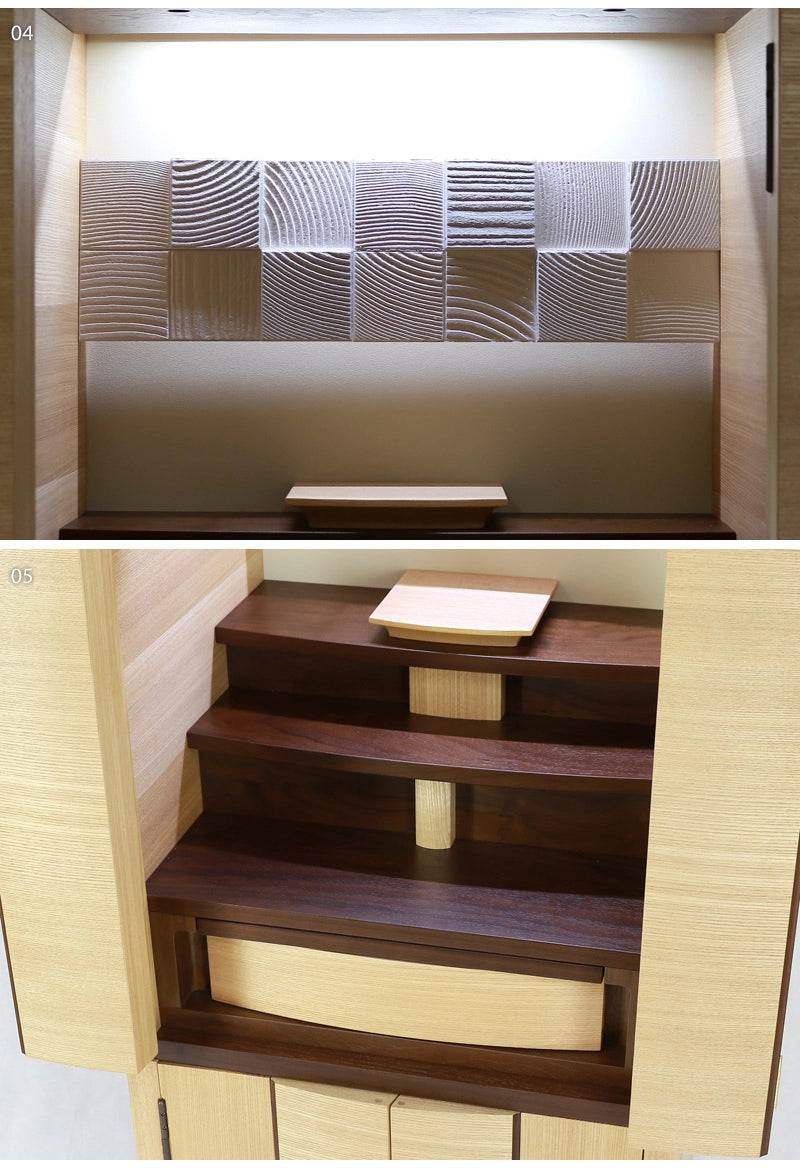 デザイナーズ仏壇 リスン タモ・ウォールナット フロアタイプの中部詳細部分の拡大画像をご覧ください。