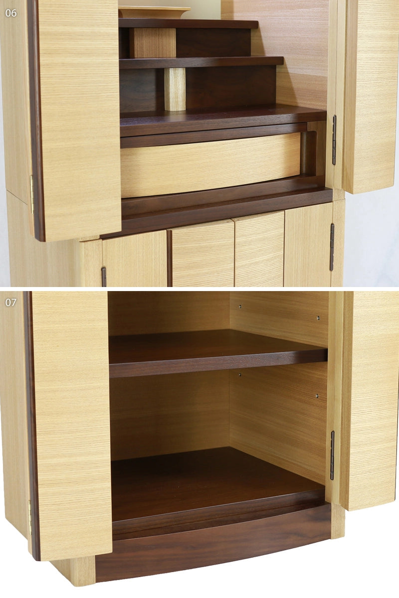 デザイナーズ仏壇 リスン タモ・ウォールナット フロアタイプの詳細部分の下部拡大画像をご覧ください。