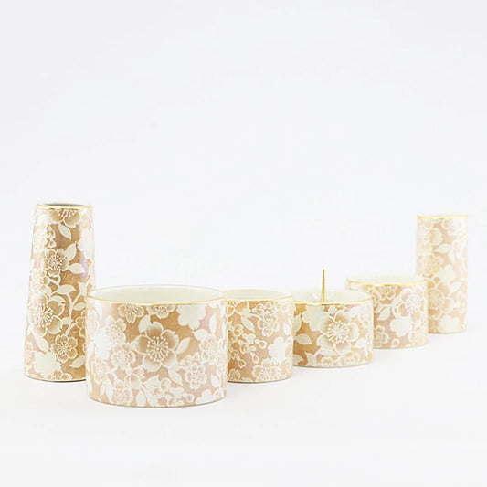 美濃焼仏具 花むすび 丸型香炉 シャンパンゴールドメイン画像01