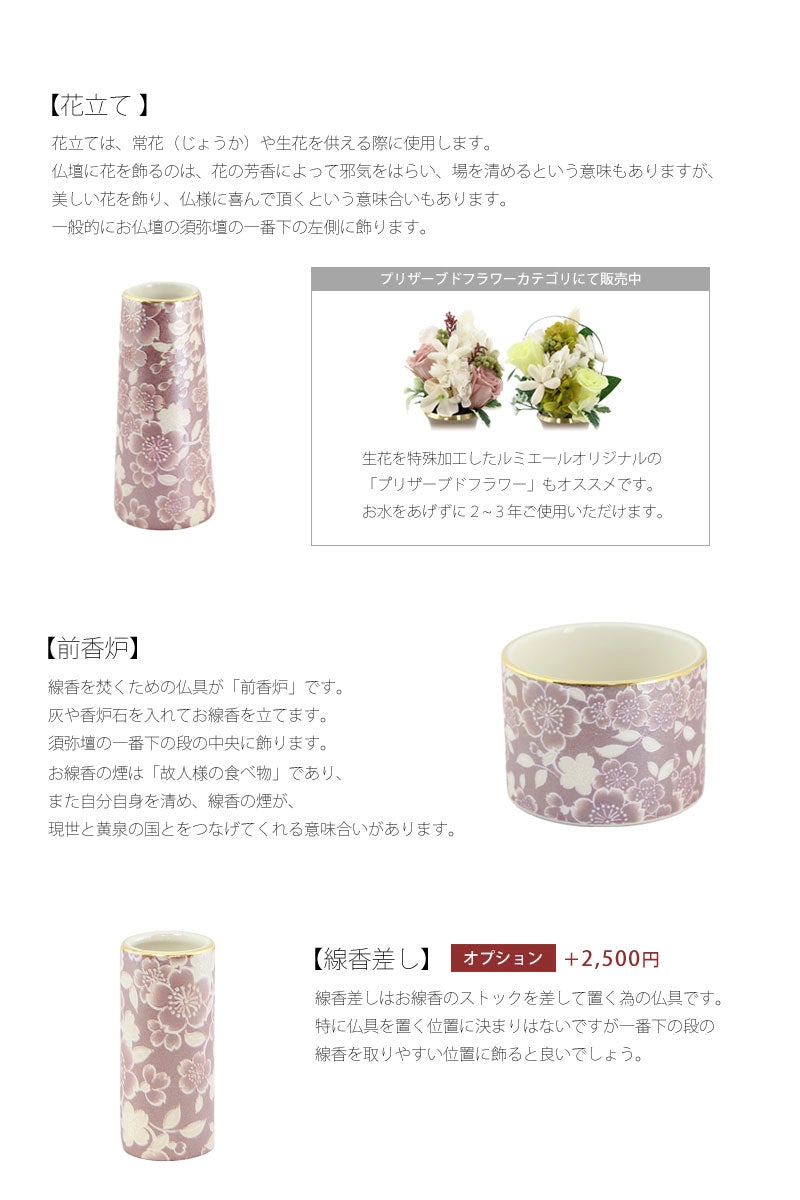 各仏具をお仏壇に並べる位置と意味の説明。