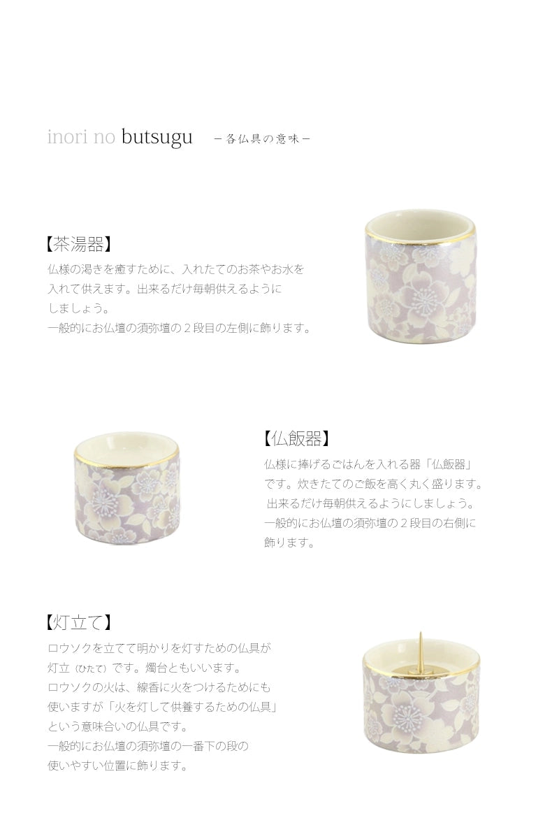 各仏具をお仏壇に並べる位置と意味の説明。