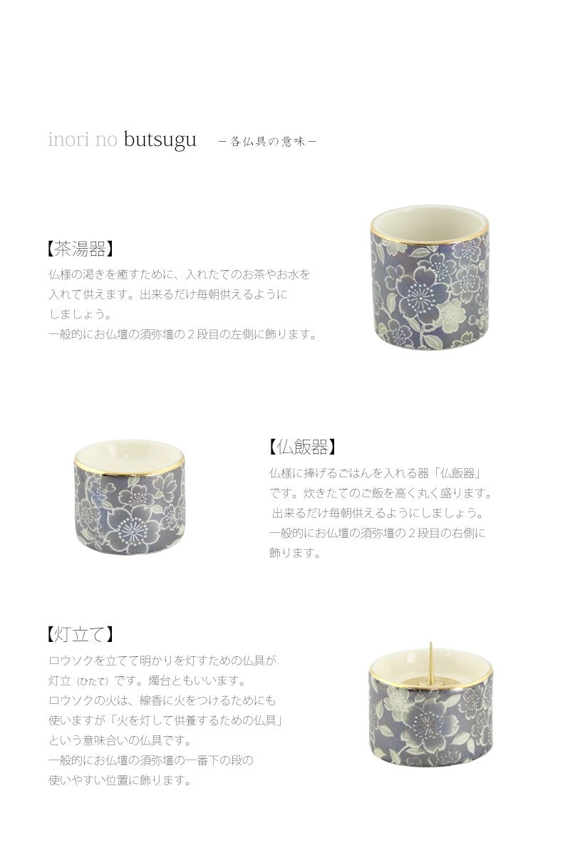 各仏具をお仏壇に並べる位置と意味の説明。