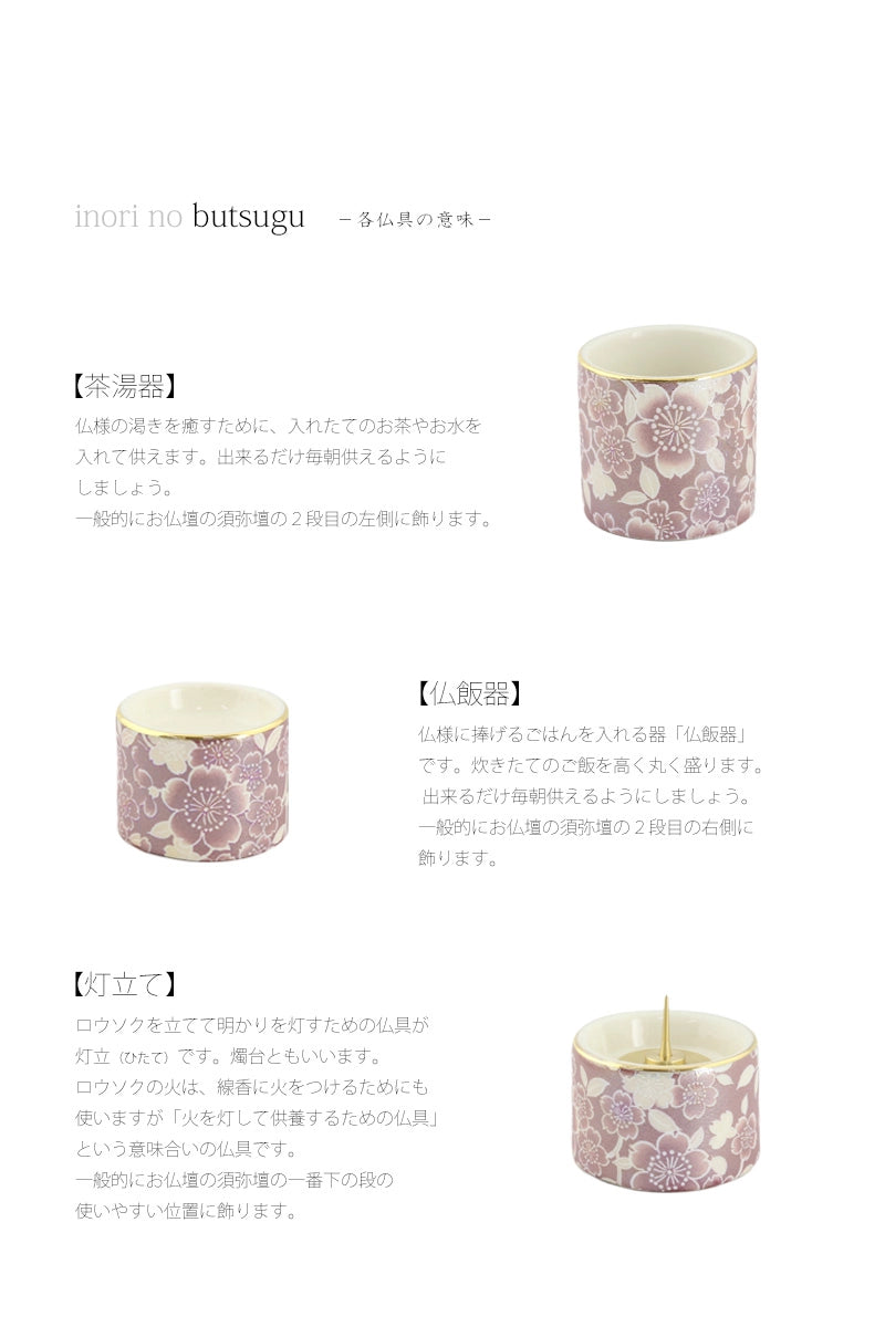 各仏具をお仏壇に並べる位置と意味の説明。