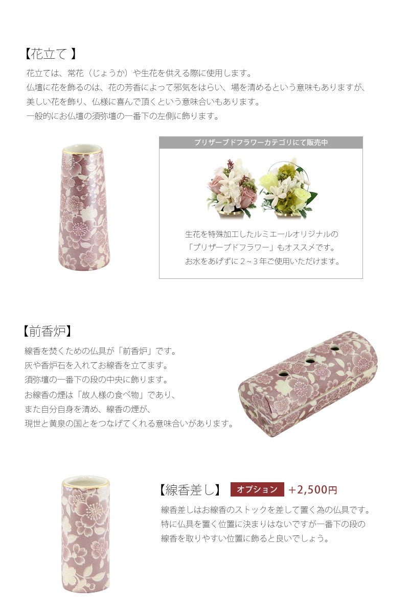 各仏具をお仏壇に並べる位置と意味の説明。