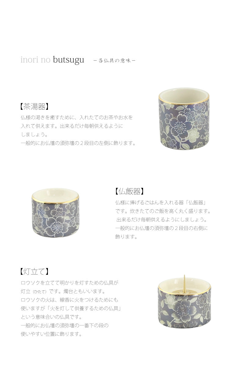 各仏具をお仏壇に並べる位置と意味の説明。