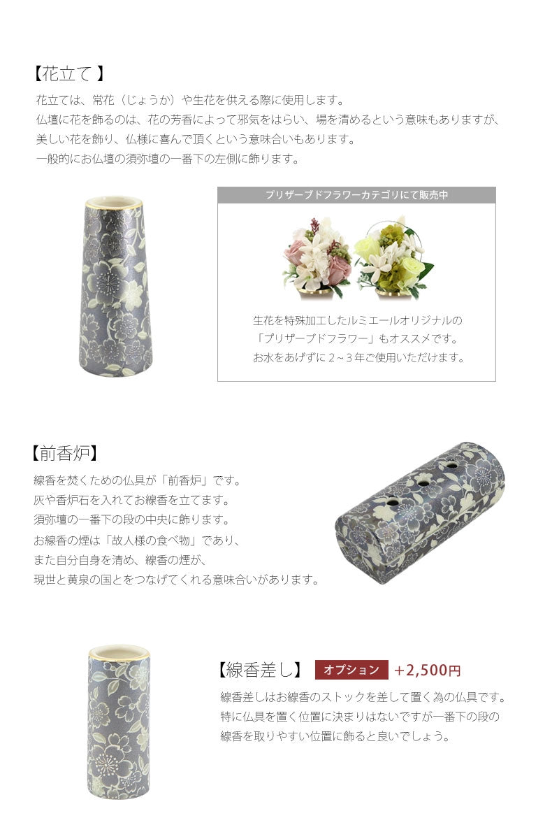 各仏具をお仏壇に並べる位置と意味の説明。