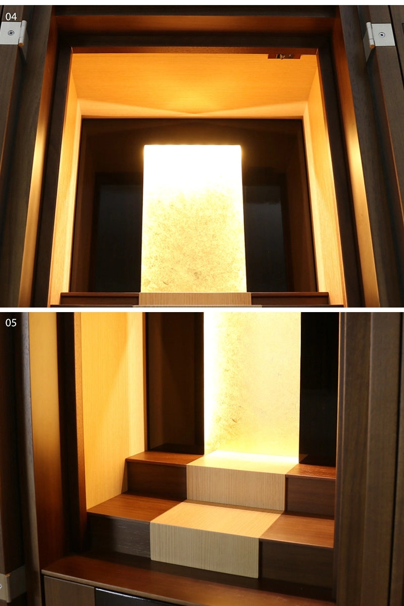 モダン仏壇 伝心 ウォールナット19号の中部詳細部分の拡大画像をご覧ください。