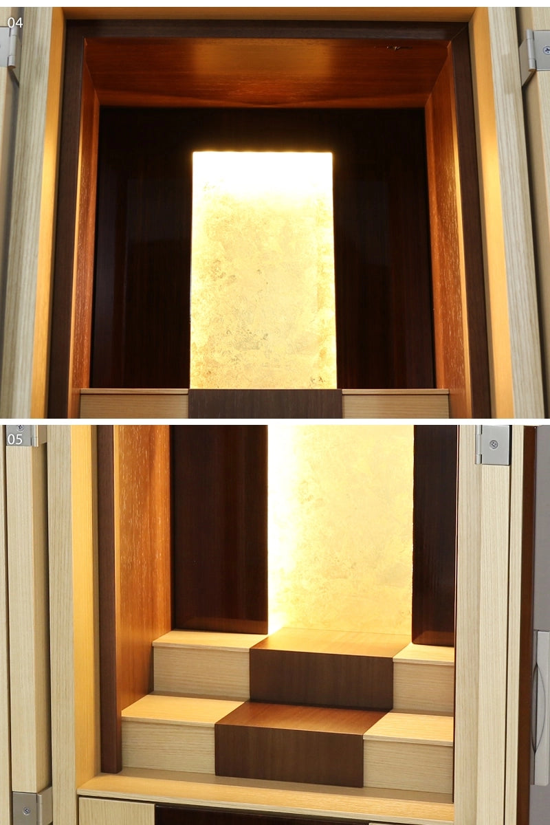 モダン仏壇 伝心 ナチュラル19号の中部詳細部分の拡大画像をご覧ください。