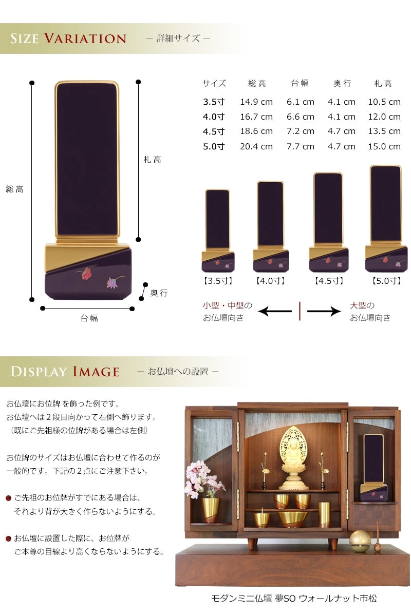 お位牌のサイズ・お仏壇への設置イメージ。