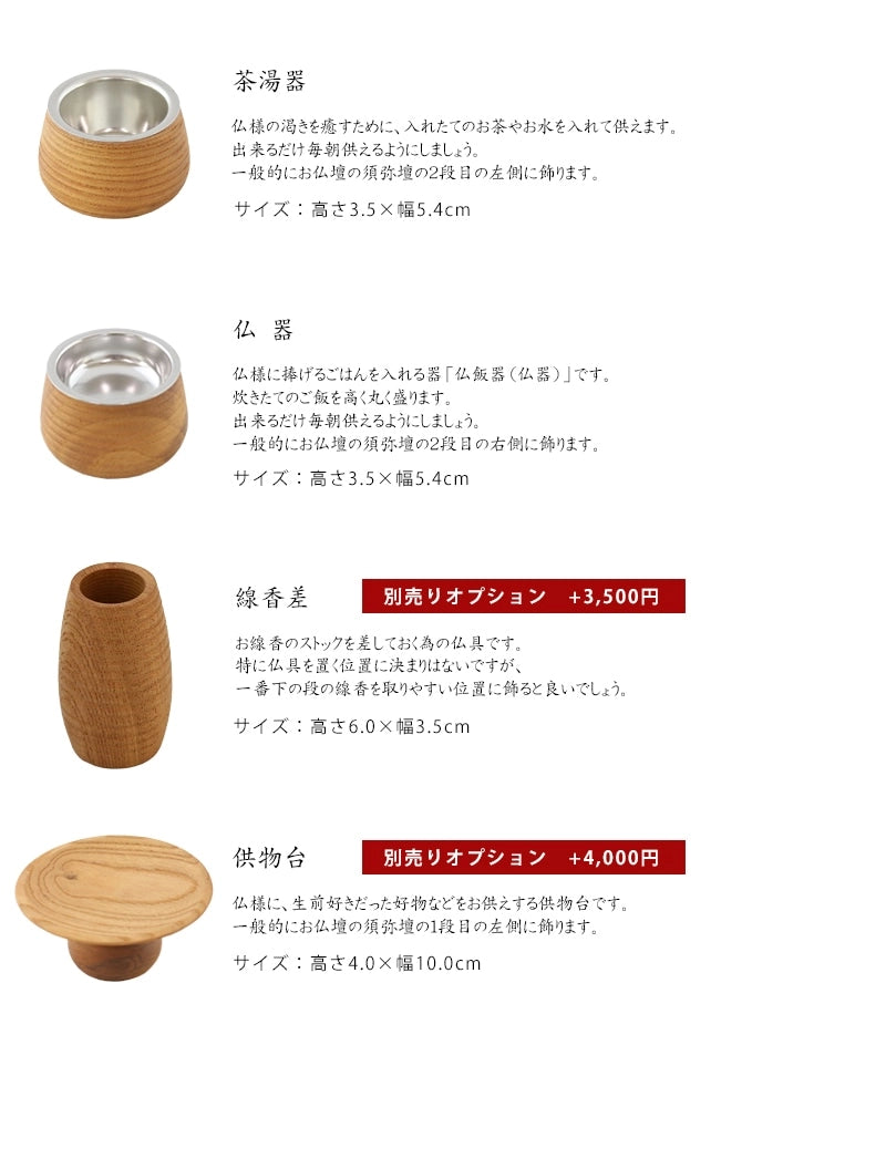 木製仏具セット 薫風の各仏具の説明（茶湯器・仏器・線香差・供物台）