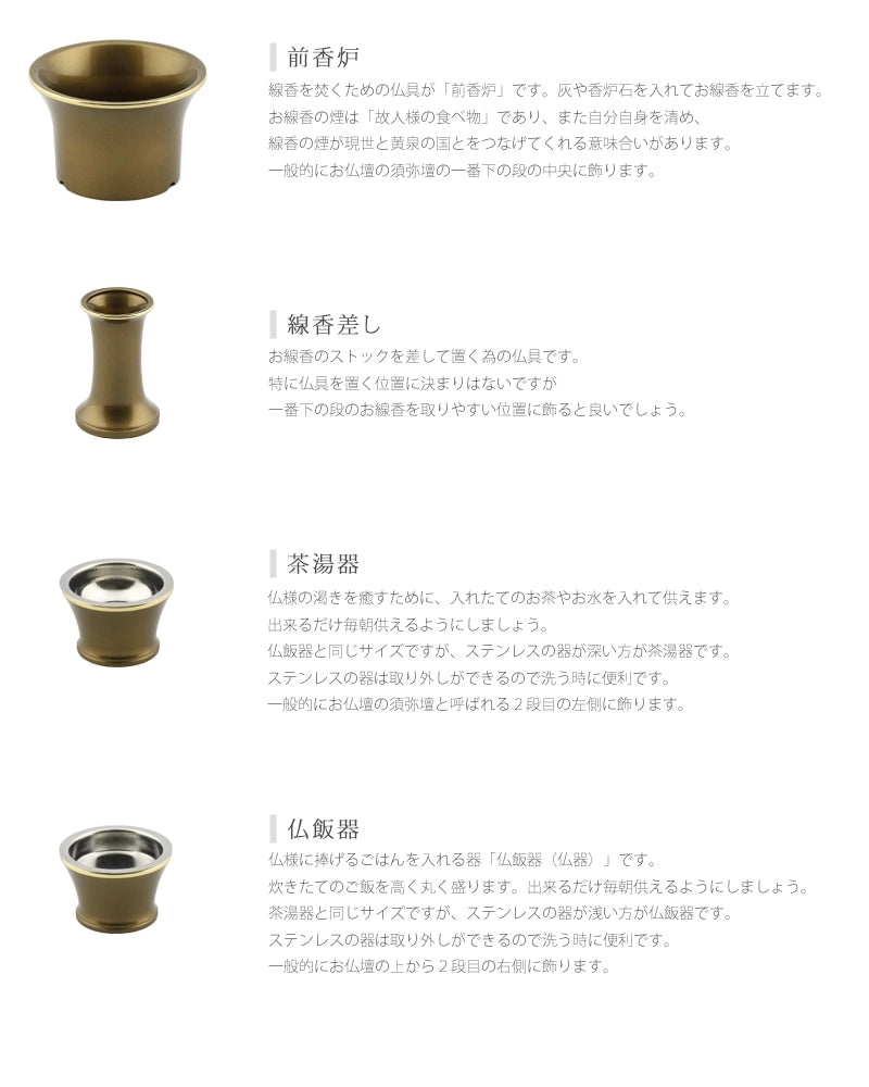モダン仏具セット シャンテ ライトブラウン 各仏具の説明。