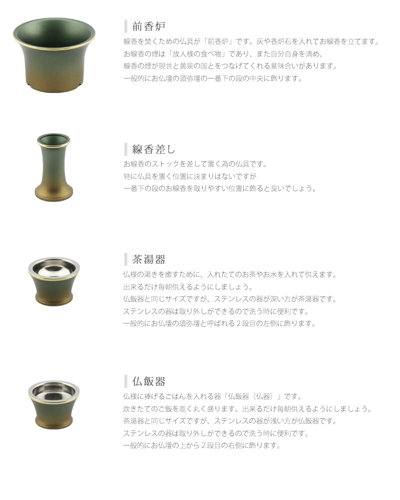 モダン仏具セット シャンテ 緑茶マット 各仏具の説明。