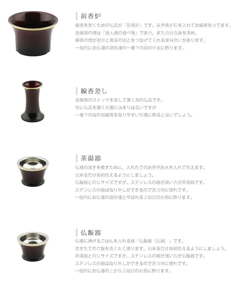 モダン仏具セット シャンテ ワイン 各仏具の説明。